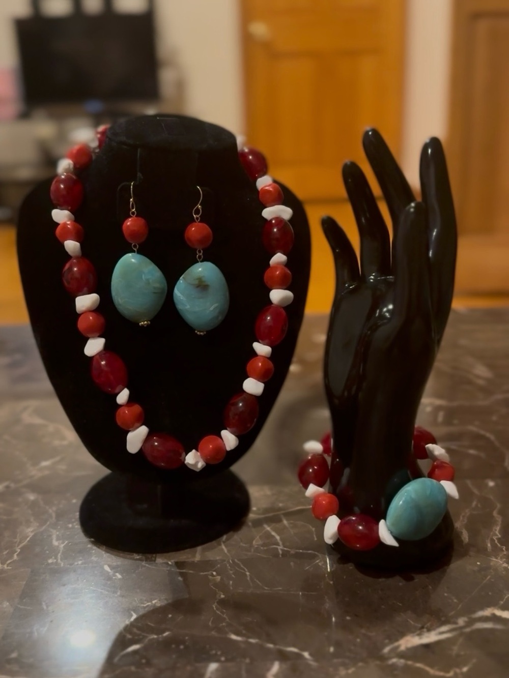 Turquoise & Red Beaded Jewelry Set - Necklace, Earrings & Bracelet